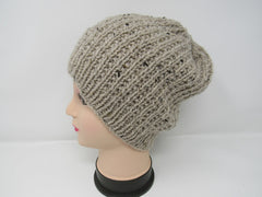 Handcrafted Knitted Hat Beanie Tan Textured 100% Merino Wool Unisex Adult -- New No Tags