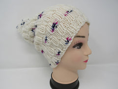 Handcrafted Knitted Hat Beanie Textured Pom Pom 100% Merino Wool Female Adult -- New No Tags