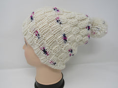 Handcrafted Knitted Hat Beanie Textured Pom Pom 100% Merino Wool Female Adult -- New No Tags