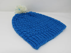 Handcrafted Knitted Hat Beanie Blue Alpaca/Merino Pom Pom Female Adult -- New No Tags