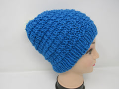 Handcrafted Knitted Hat Beanie Blue Alpaca/Merino Pom Pom Female Adult -- New No Tags