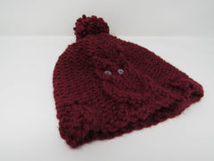 Handcrafted Knitted Hat Beanie Cranberry Acrylic/Wool Owl Pom Pom Female Adult -- New No Tags