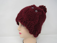 Handcrafted Knitted Hat Beanie Cranberry Acrylic/Wool Owl Pom Pom Female Adult -- New No Tags