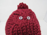 Handcrafted Knitted Hat Beanie Cranberry Acrylic/Wool Owl Pom Pom Female Adult -- New No Tags