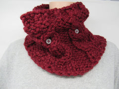 Handcrafted Knitted Cowl Wrap Cranberry Acrylic/Wool Owl Buttons Female Adult -- New No Tags