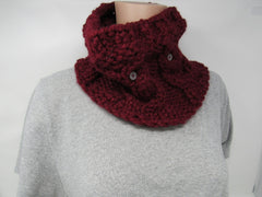 Handcrafted Knitted Cowl Wrap Cranberry Acrylic/Wool Owl Buttons Female Adult -- New No Tags