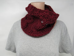 Handcrafted Knitted Cowl Wrap Cranberry Acrylic/Wool Owl Buttons Female Adult -- New No Tags