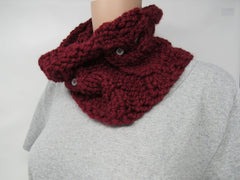 Handcrafted Knitted Cowl Wrap Cranberry Acrylic/Wool Owl Buttons Female Adult -- New No Tags