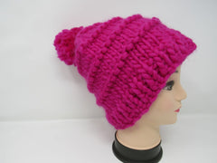 Handcrafted Knitted Hat Beanie Hot Pink Pom Pom 100% Merino Wool Female Adult -- New No Tags