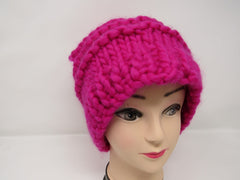 Handcrafted Knitted Hat Beanie Hot Pink Pom Pom 100% Merino Wool Female Adult -- New No Tags