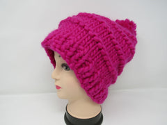 Handcrafted Knitted Hat Beanie Hot Pink Pom Pom 100% Merino Wool Female Adult -- New No Tags