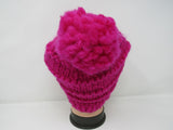 Handcrafted Knitted Hat Beanie Hot Pink Pom Pom 100% Merino Wool Female Adult -- New No Tags