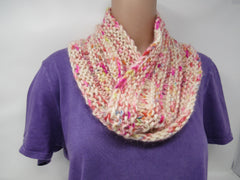 Handcrafted Knitted Cowl Shawl Wrap Ivory/Pink 100% Merino Wool Female Adult -- New No Tags