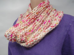 Handcrafted Knitted Cowl Shawl Wrap Ivory/Pink 100% Merino Wool Female Adult -- New No Tags