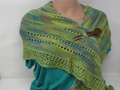 Handcrafted Knitted Shawl Green/Teal Lace Female Adult Greens Striped -- New No Tags