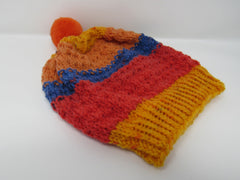 Handcrafted Knitted Hat Textured Pom Pom 100% Acrylic Unisex Kids 2-4 Striped -- New No Tags