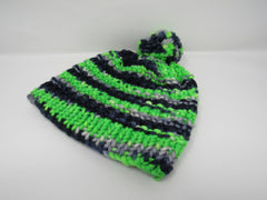 Handcrafted Knitted Hat Seahawks Pom Pom 100% Merino Wool Unisex Kids 4-6 -- New No Tags