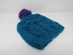 Handcrafted Knitted Hat Teal/Fuchsia Owl 100% Merino Wool Female Kids 4-6 -- New No Tags