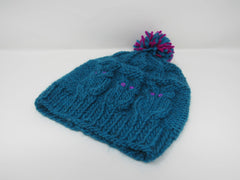 Handcrafted Knitted Hat Teal/Fuchsia Owl 100% Merino Wool Female Kids 4-6 -- New No Tags