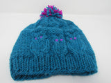 Handcrafted Knitted Hat Teal/Fuchsia Owl 100% Merino Wool Female Kids 4-6 -- New No Tags