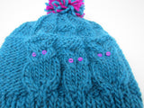 Handcrafted Knitted Hat Teal/Fuchsia Owl 100% Merino Wool Female Kids 4-6 -- New No Tags