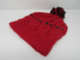 Handcrafted Knitted Hat Red/Black Owl Pom Pom 100% Wool Unisex Kids 4-6 -- New No Tags