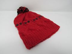 Handcrafted Knitted Hat Red/Black Owl Pom Pom 100% Wool Unisex Kids 4-6 -- New No Tags