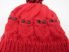 Handcrafted Knitted Hat Red/Black Owl Pom Pom 100% Wool Unisex Kids 4-6 -- New No Tags