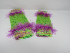 Handcrafted Knitted Legwarmers Green/Violet Fuzzy Female Kids 0-1 Striped -- New No Tags