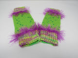 Handcrafted Knitted Legwarmers Green/Violet Fuzzy Female Kids 0-1 Striped -- New No Tags