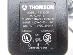 Thomson AC Adapter Output 12VDC 200mA UL SA Input 120VAC 60Hz 5W A21220N -- Used