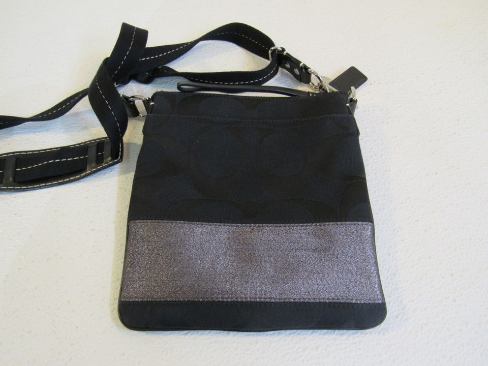 Coach Handbags Crossbody Purse Black Silver Fabric Leather F06M