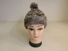 Handcrafted Beanie Hat Brown Gray Rust Pom Pom 100% Merino Female Adult -- New