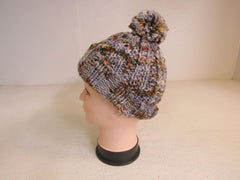 Handcrafted Beanie Hat Brown Gray Rust Pom Pom 100% Merino Female Adult -- New