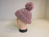 Handcrafted Beanie Hat Dusty Rose Super Bulky Pom Pom 100% Merino Female Adult -- New