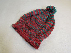 Handcrafted Beanie Hat Red and Green Pom Pom 100% Merino Female Adult -- New
