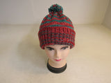 Handcrafted Beanie Hat Red and Green Pom Pom 100% Merino Female Adult -- New