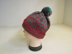 Handcrafted Beanie Hat Red and Green Pom Pom 100% Merino Female Adult -- New