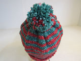 Handcrafted Beanie Hat Red and Green Pom Pom 100% Merino Female Adult -- New