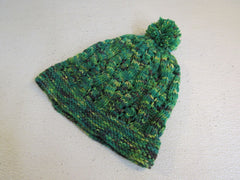 Handcrafted Beanie Hat Green Chartreuse Black Pom Pom 100% Merino Female Adult -- New