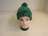 Handcrafted Beanie Hat Green Chartreuse Black Pom Pom 100% Merino Female Adult -- New