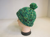 Handcrafted Beanie Hat Green Chartreuse Black Pom Pom 100% Merino Female Adult -- New