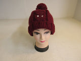 Handcrafted Beanie Owl Hat Cranberry Pom Pom 100% Merino Female Adult -- New