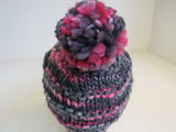 Handcrafted Beanie Hat Multicolored Super Bulky Pom Pom 100% Merino Female Adult -- New