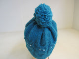 Handcrafted Beanie Owl Hat Teal Pom Pom 100% Merino Female Adult -- New