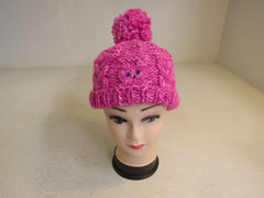 Handcrafted Beanie Owl Hat Hot Pink Light Pink Pom Pom 100% Merino Female Adult -- New
