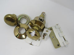 Standard Complete Door Knob Set With Screws And Hinges Polished Brass Vintage -- Used