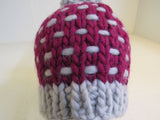 Handcrafted Beanie Hat Cranberry Gray Pom Pom 100% Merino Female Adult Polka Dot -- New
