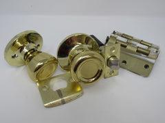 Standard Complete Door Knob Set With Screws And Hinges Polished Brass Vintage -- Used