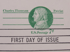 USPS Scott UY25 7c Charles Thomson Patriot Postal Reply Card First Day of Issue -- New